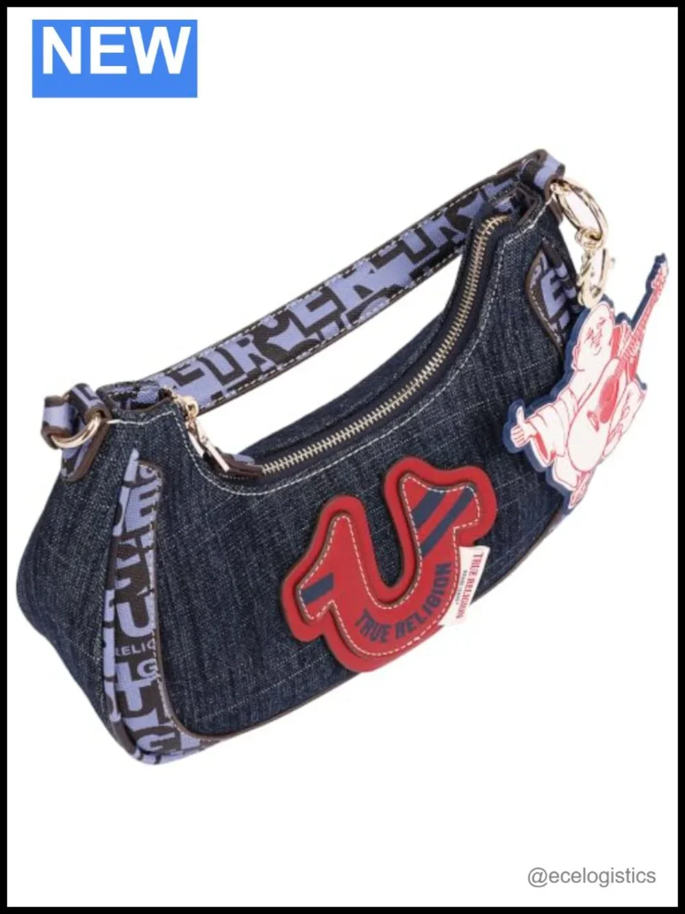 True Religion Hobo Bag Navy Shoulder Purse Women Denim Blend Gold Hardware